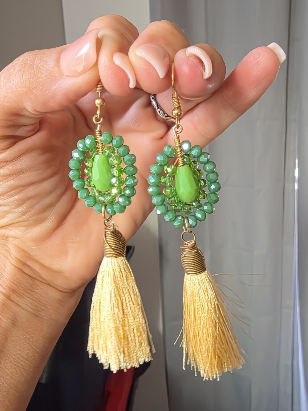 Handwired Green Stones Tassel Statement Earrings